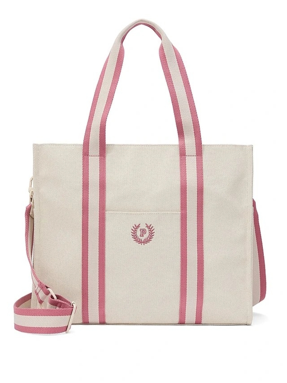 PINK Victoria's Secret Cream Tote with Pink Stripe Handles